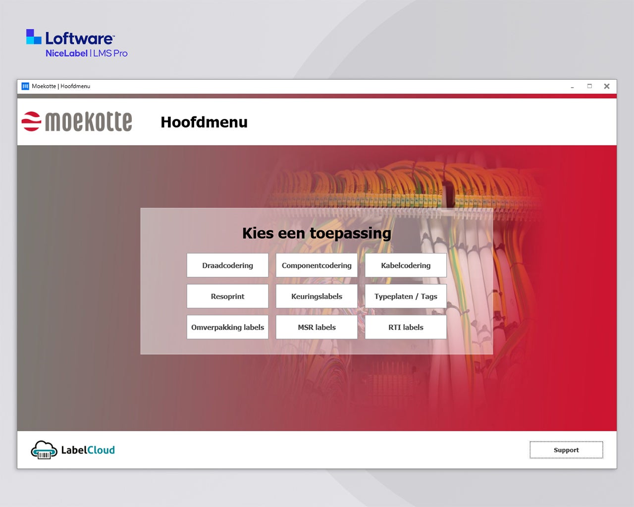 NiceLabel 10 LMS Pro hoofdmenu met toepassingen voor kabelcodering, componentcodering, typeplaten en keuringslabels